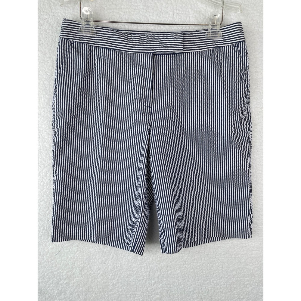 Jones New York Signature Womens Navy Blue White Striped Seersucker Shorts Size 8
